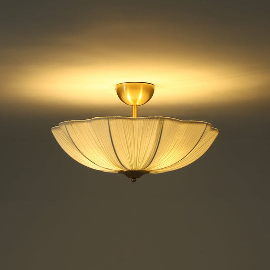 Pendantlightie - Contemporary 3 - Light Scalloped Fabric Shade Pleated Semi Ceiling Light - Semi Flush Mount - Brass - 