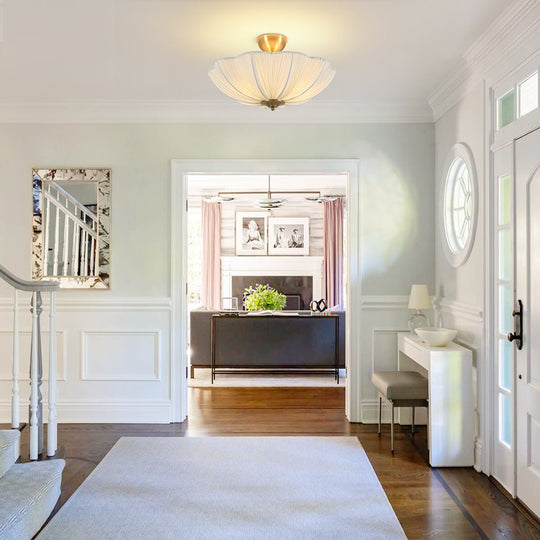 Pendantlightie - Contemporary 3 - Light Scalloped Fabric Shade Pleated Semi Ceiling Light - Semi Flush Mount - Brass - 