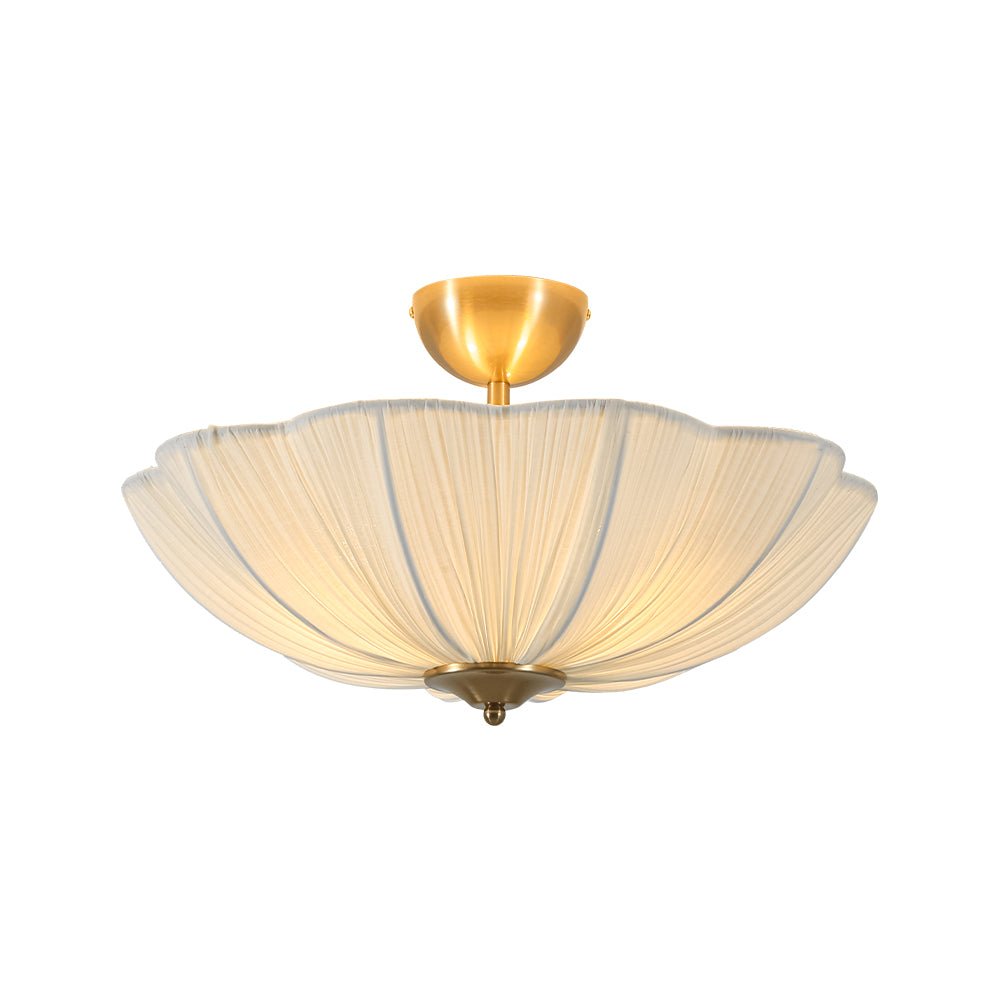 Pendantlightie - Contemporary 3 - Light Scalloped Fabric Shade Pleated Semi Ceiling Light - Semi Flush Mount - Brass - 