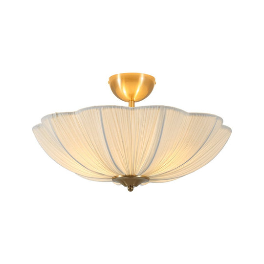 Pendantlightie - Contemporary 3 - Light Scalloped Fabric Shade Pleated Semi Ceiling Light - Semi Flush Mount - Brass - 