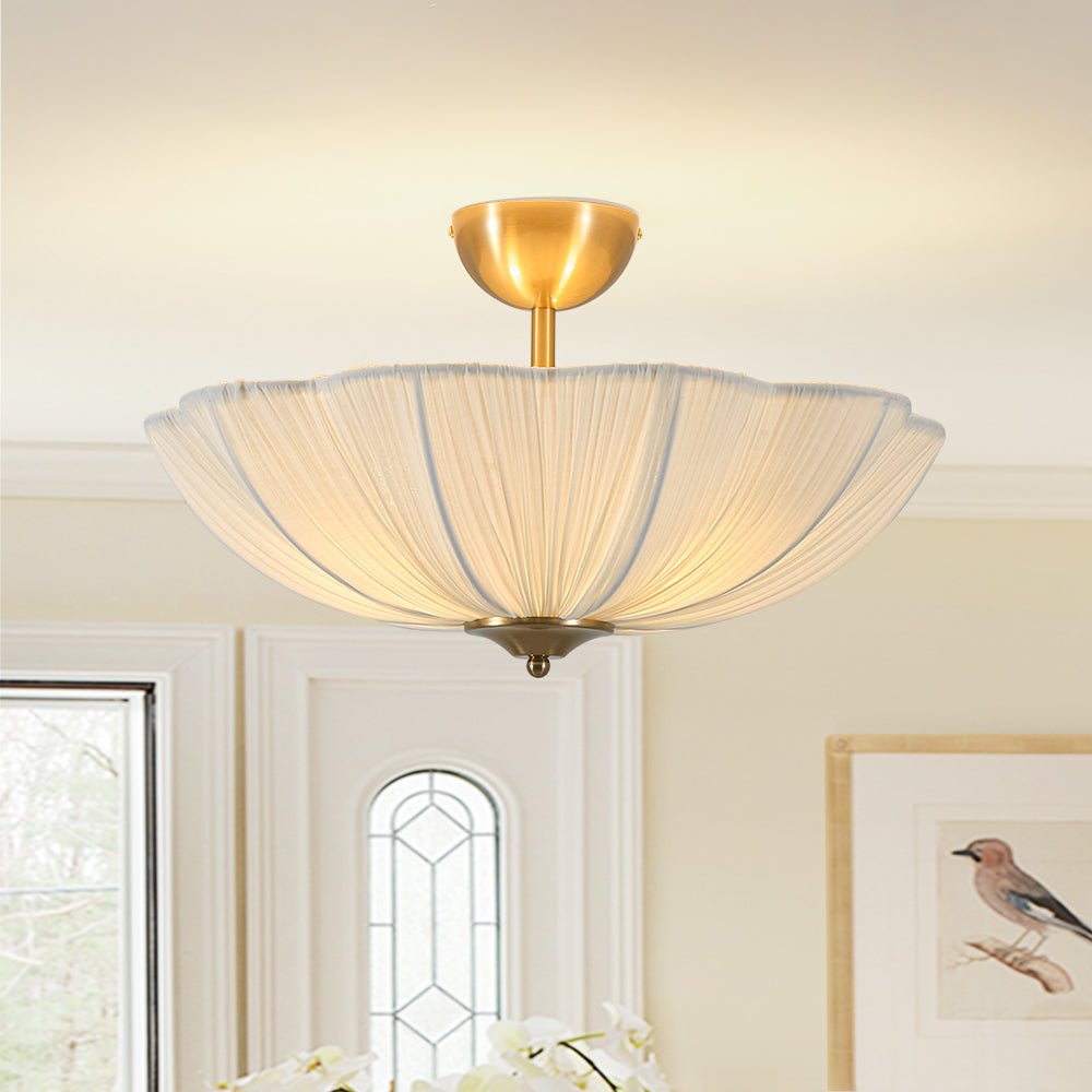 Pendantlightie - Contemporary 3 - Light Scalloped Fabric Shade Pleated Semi Ceiling Light - Semi Flush Mount - Brass - 