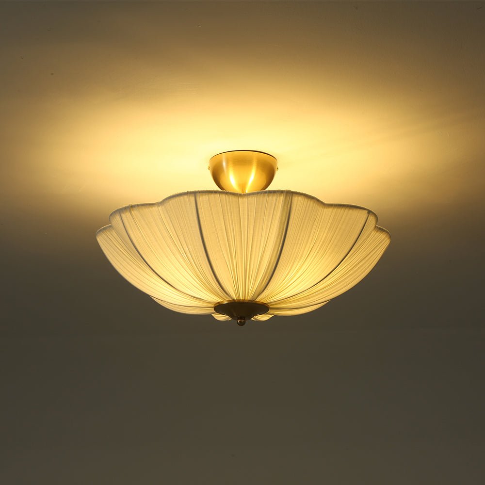 Pendantlightie - Contemporary 3 - Light Scalloped Fabric Shade Pleated Semi Ceiling Light - Semi Flush Mount - Brass - 