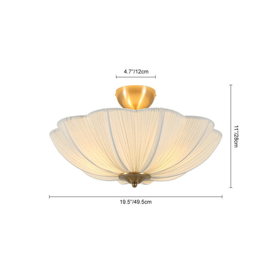 Pendantlightie - Contemporary 3 - Light Scalloped Fabric Shade Pleated Semi Ceiling Light - Semi Flush Mount - Brass - 