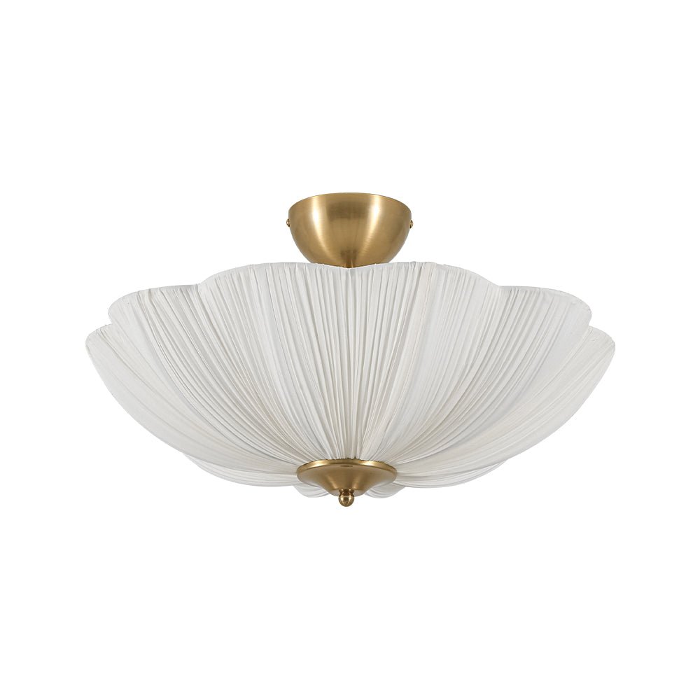 Pendantlightie - Contemporary 3 - Light Scalloped Fabric Shade Pleated Semi Ceiling Light - Semi Flush Mount - Brass - 