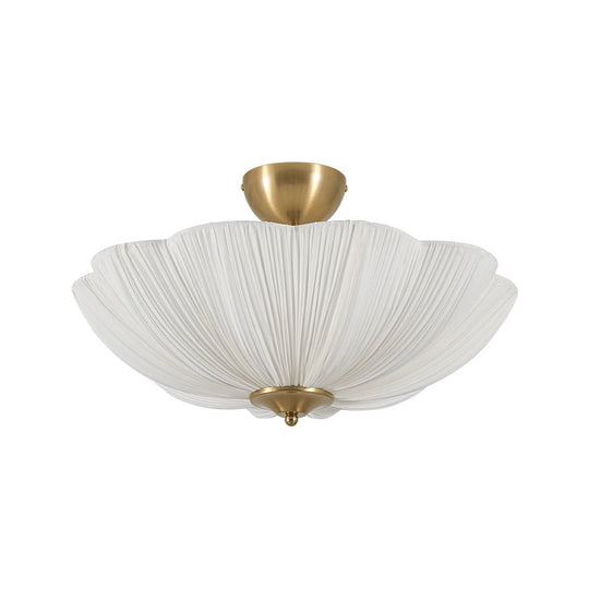 Pendantlightie - Contemporary 3 - Light Scalloped Fabric Shade Pleated Semi Ceiling Light - Semi Flush Mount - Brass - 