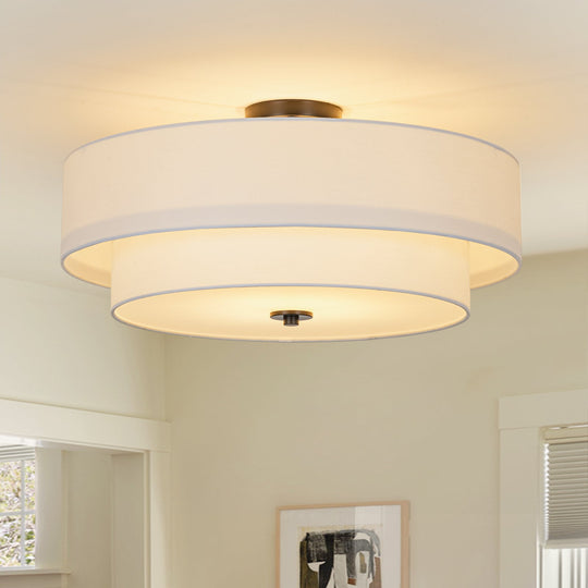 Pendantlightie-Contemporary 4-Light Tiered Fabric Linen Drum Semi Ceiling Light-Semi Flush Mount-Black-Large (2 Tier)