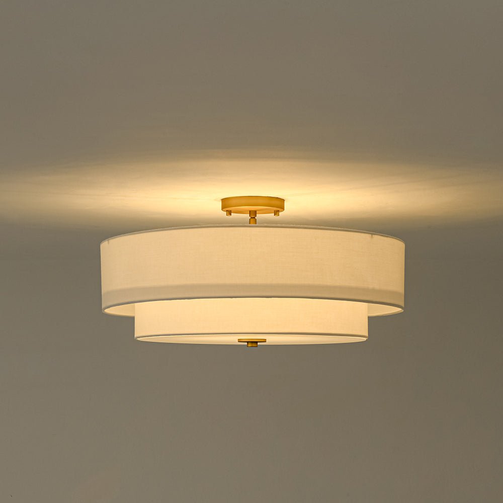 Pendantlightie - Contemporary 4 - Light Tiered Fabric Linen Drum Semi Ceiling Light - Semi Flush Mount - Brass - Small (1 Tier)