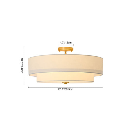 Pendantlightie - Contemporary 4 - Light Tiered Fabric Linen Drum Semi Ceiling Light - Semi Flush Mount - Brass - Small (1 Tier)