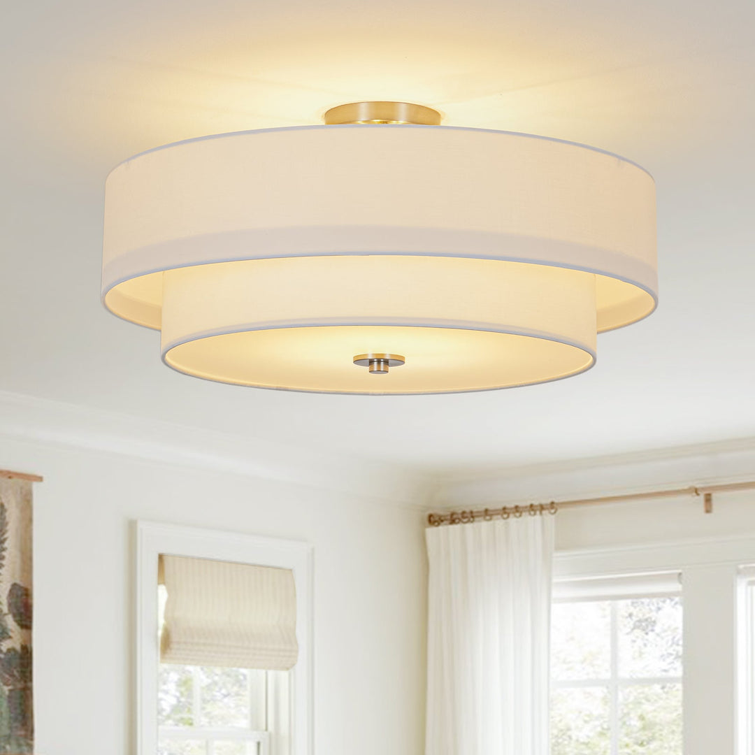 Pendantlightie-Contemporary 4-Light Tiered Fabric Linen Drum Semi Ceiling Light-Semi Flush Mount-Nickel-Large (2 Tier)