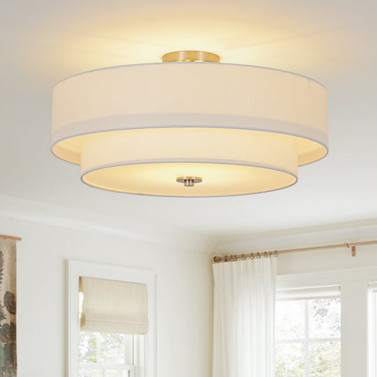 Pendantlightie-Contemporary 4-Light Tiered Fabric Linen Drum Semi Ceiling Light-Semi Flush Mount-Nickel-Large (2 Tier)