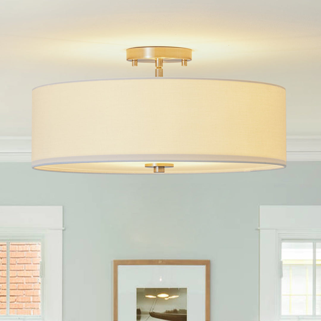 Pendantlightie-Contemporary 4-Light Tiered Fabric Linen Drum Semi Ceiling Light-Semi Flush Mount-Nickel-Small (1 Tier)