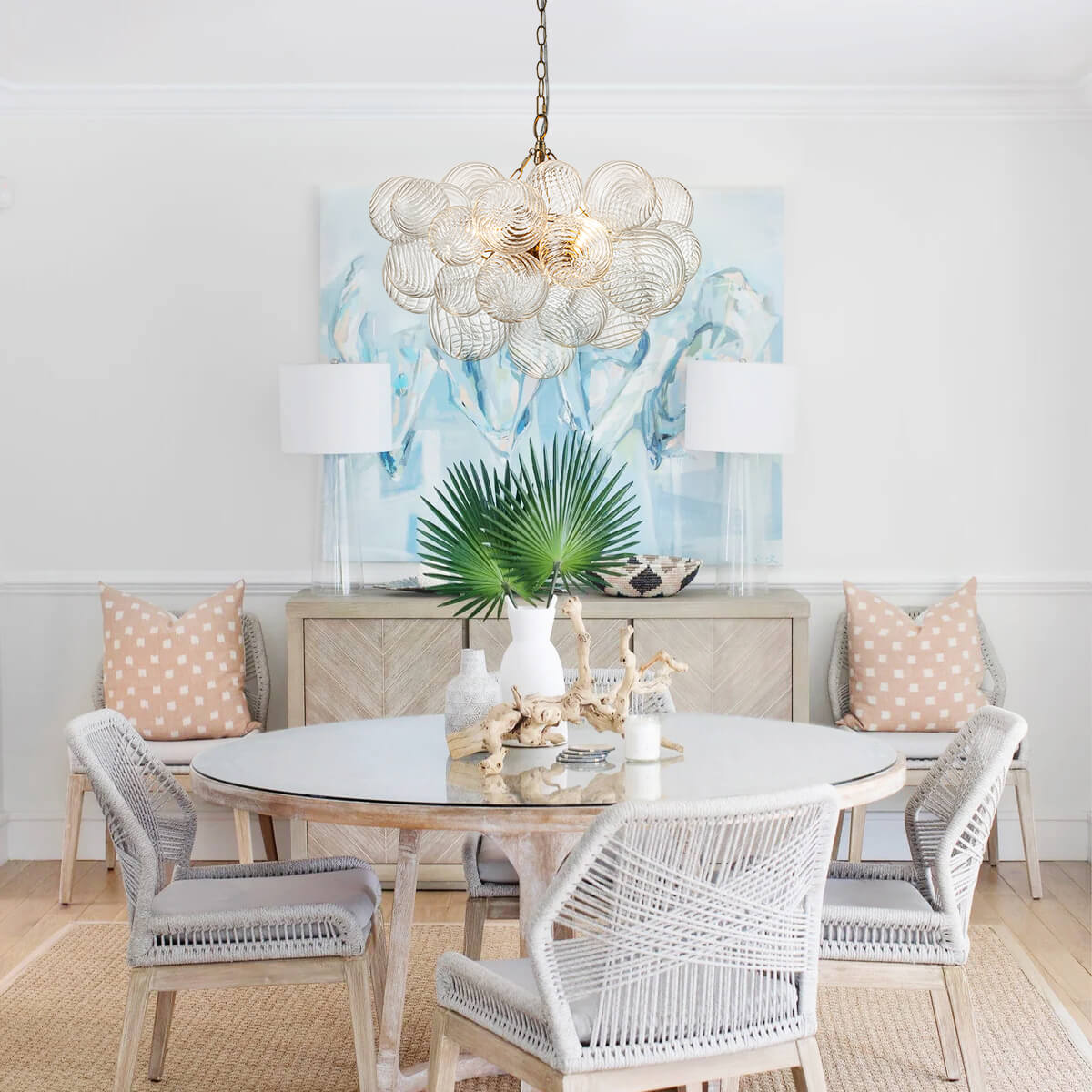 Modern Clear Ribbed Glass Cluster Bubble Chandelier, Dining Room