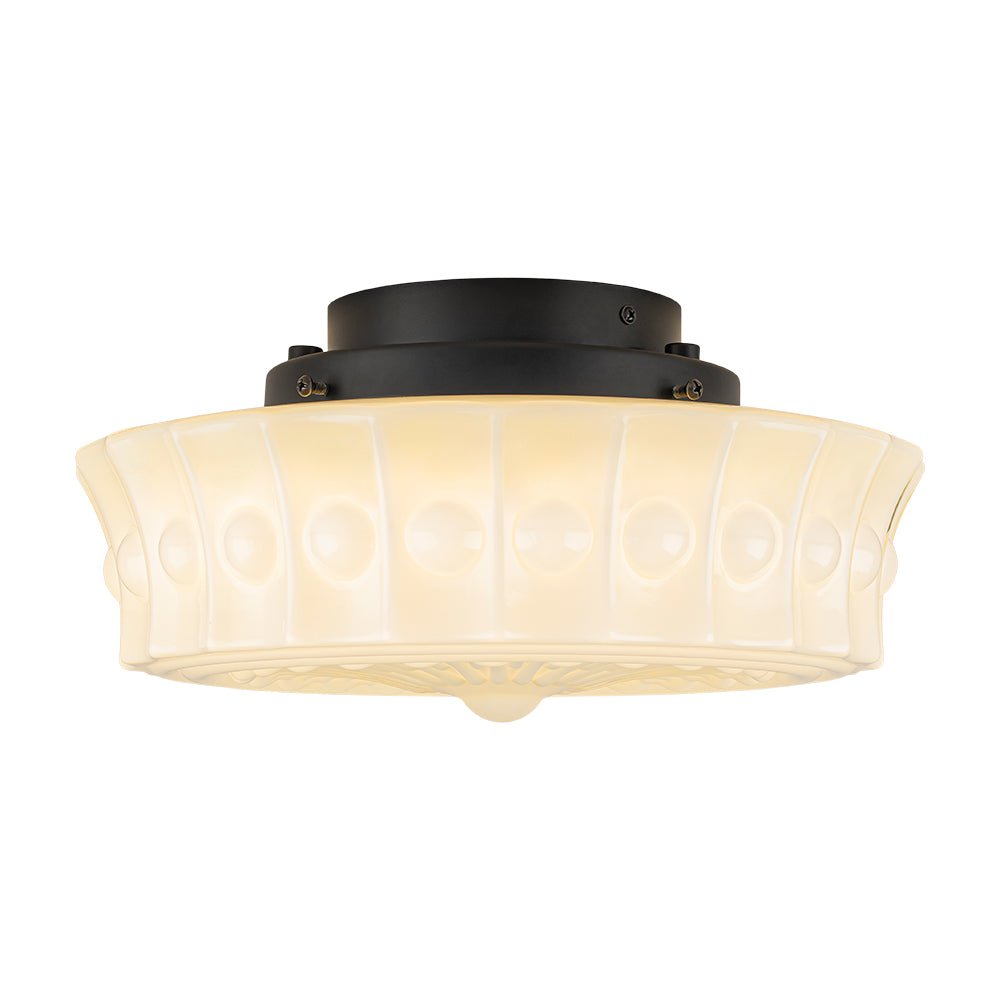 Pendantlightie - Cream Schoolhouse Design Vintage Drum Shaped White Glass Ceiling Light - Semi Flush Mount - Black - 