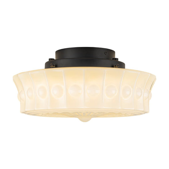 Pendantlightie - Cream Schoolhouse Design Vintage Drum Shaped White Glass Ceiling Light - Semi Flush Mount - Black - 
