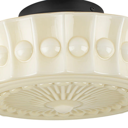 Pendantlightie - Cream Schoolhouse Design Vintage Drum Shaped White Glass Ceiling Light - Semi Flush Mount - Black - 