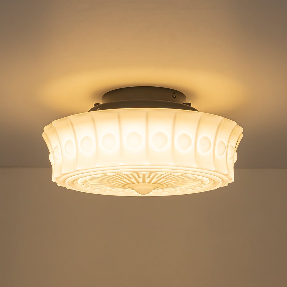 Pendantlightie - Cream Schoolhouse Design Vintage Drum Shaped White Glass Ceiling Light - Semi Flush Mount - Black - 