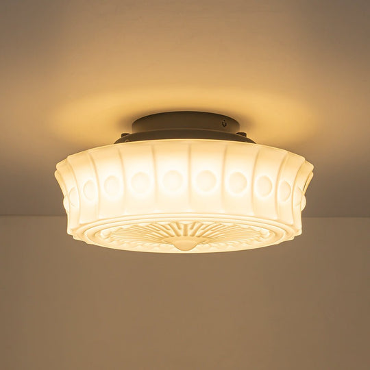 Pendantlightie - Cream Schoolhouse Design Vintage Drum Shaped White Glass Ceiling Light - Semi Flush Mount - Black - 