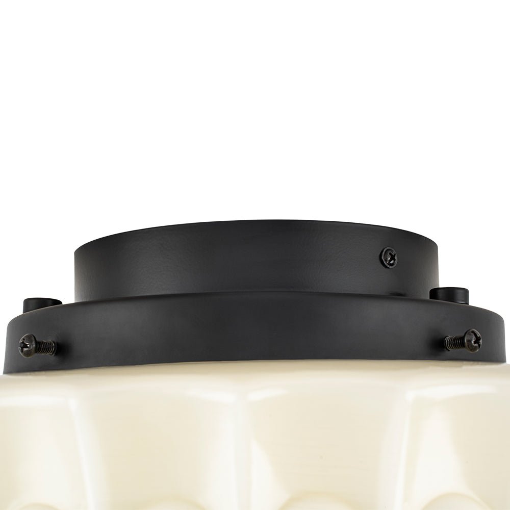 Pendantlightie - Cream Schoolhouse Design Vintage Drum Shaped White Glass Ceiling Light - Semi Flush Mount - Black - 