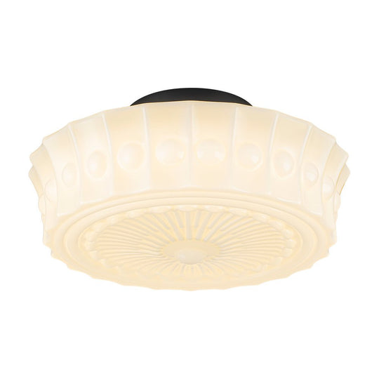 Pendantlightie - Cream Schoolhouse Design Vintage Drum Shaped White Glass Ceiling Light - Semi Flush Mount - Black - 