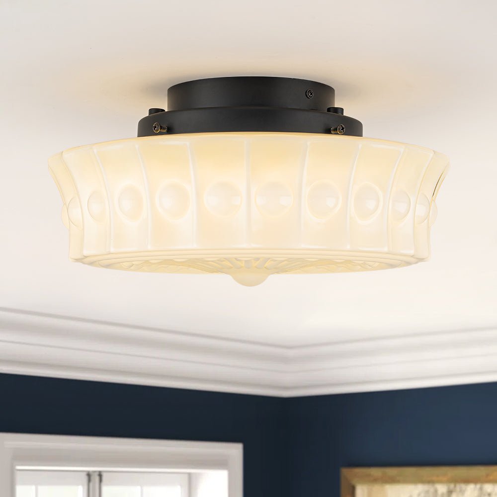 Pendantlightie - Cream Schoolhouse Design Vintage Drum Shaped White Glass Ceiling Light - Semi Flush Mount - Black - 