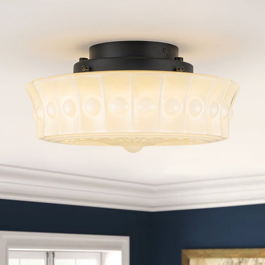 Pendantlightie - Cream Schoolhouse Design Vintage Drum Shaped White Glass Ceiling Light - Semi Flush Mount - Black - 
