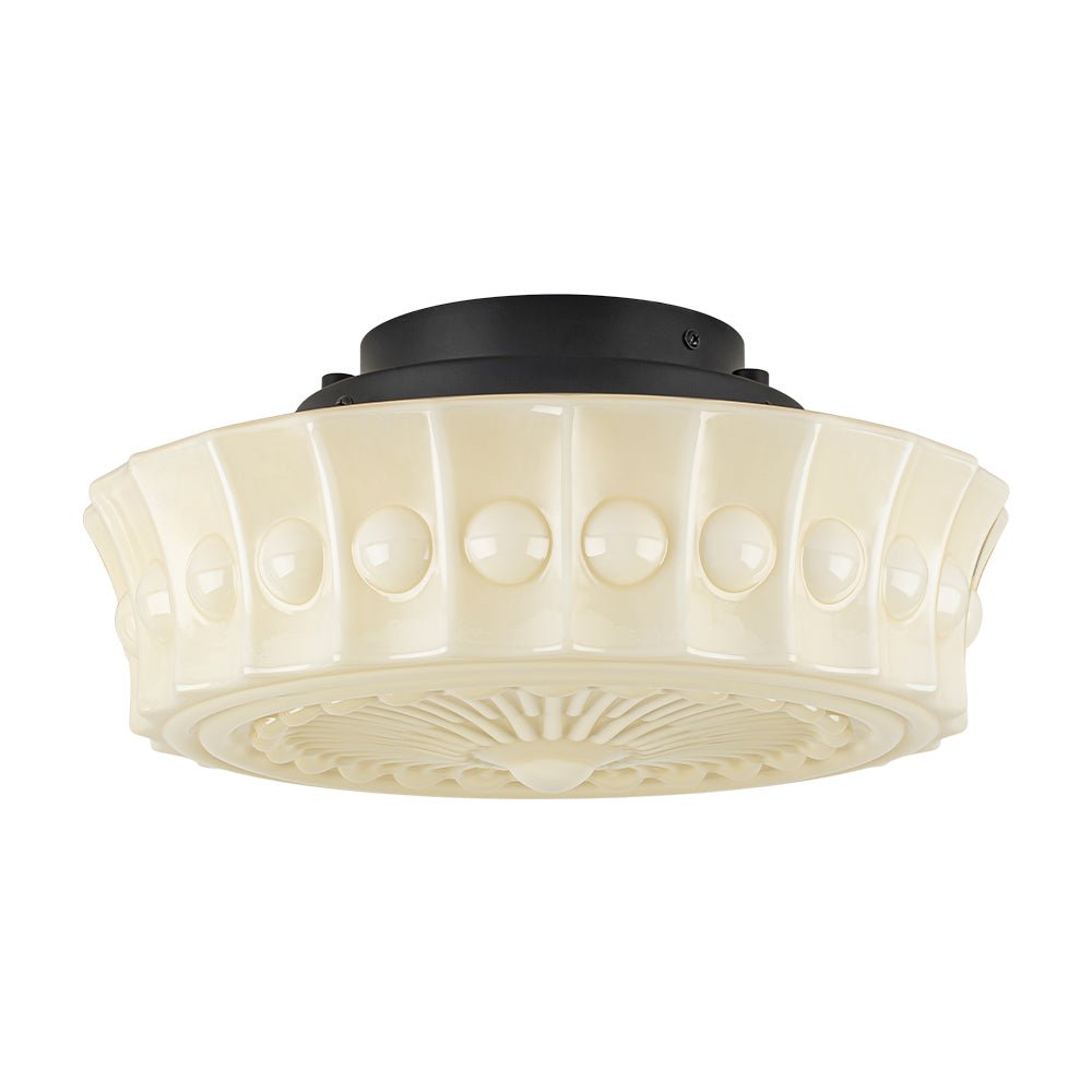 Pendantlightie - Cream Schoolhouse Design Vintage Drum Shaped White Glass Ceiling Light - Semi Flush Mount - Black - 