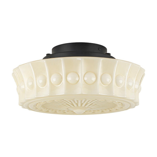 Pendantlightie - Cream Schoolhouse Design Vintage Drum Shaped White Glass Ceiling Light - Semi Flush Mount - Black - 