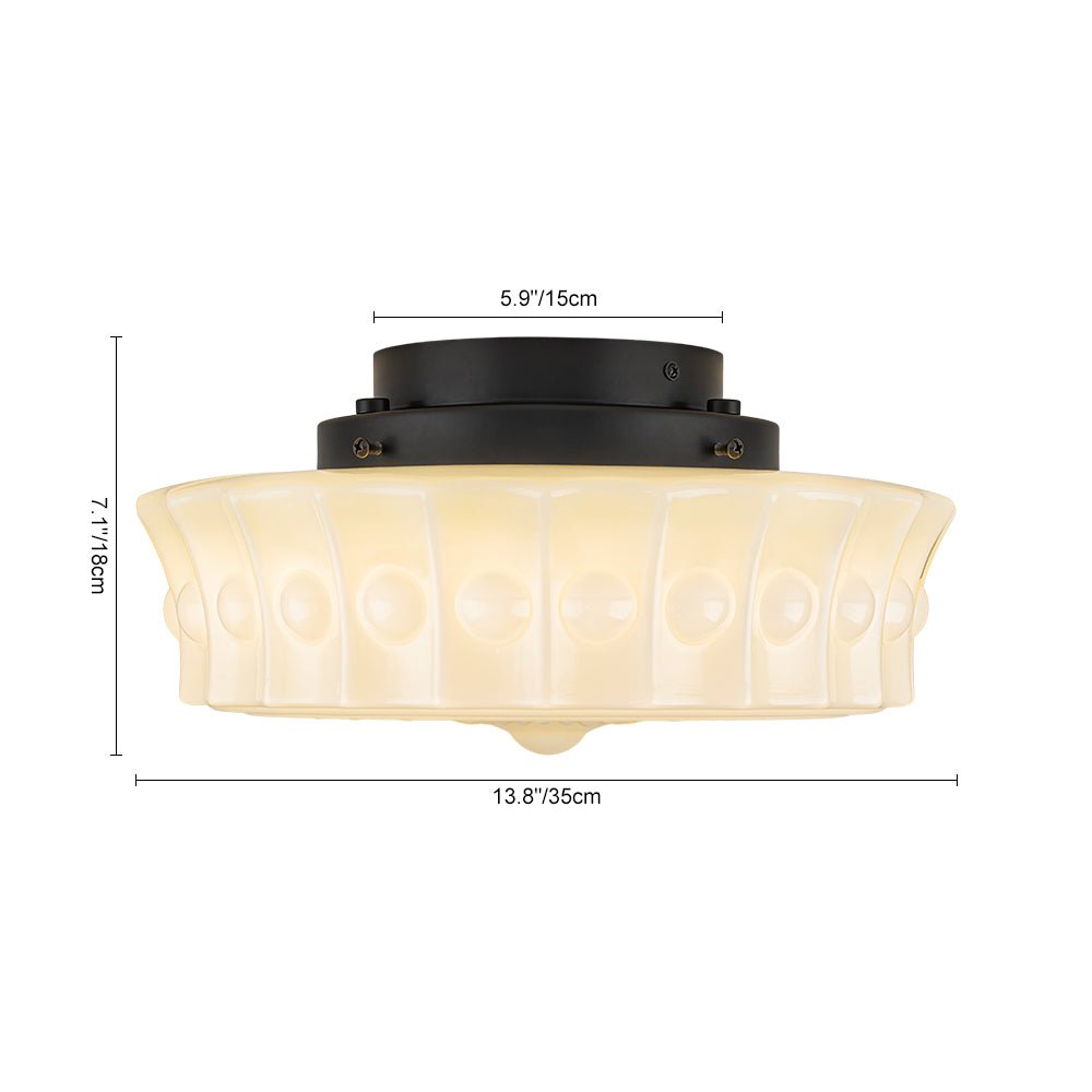 Pendantlightie - Cream Schoolhouse Design Vintage Drum Shaped White Glass Ceiling Light - Semi Flush Mount - Black - 