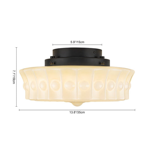 Pendantlightie - Cream Schoolhouse Design Vintage Drum Shaped White Glass Ceiling Light - Semi Flush Mount - Black - 