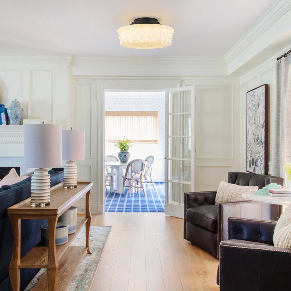 Pendantlightie - Cream Schoolhouse Design Vintage Drum Shaped White Glass Ceiling Light - Semi Flush Mount - Black - 