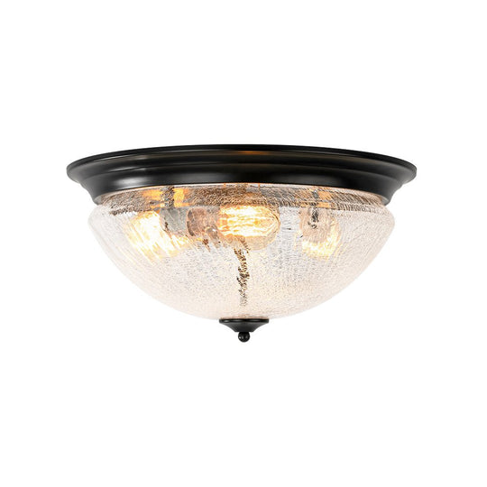 Pendantlightie - Farmhouse 3 - Light Bowl Crackled Glass Ceiling Light For Low Ceiling - Flush Mount - Black - 