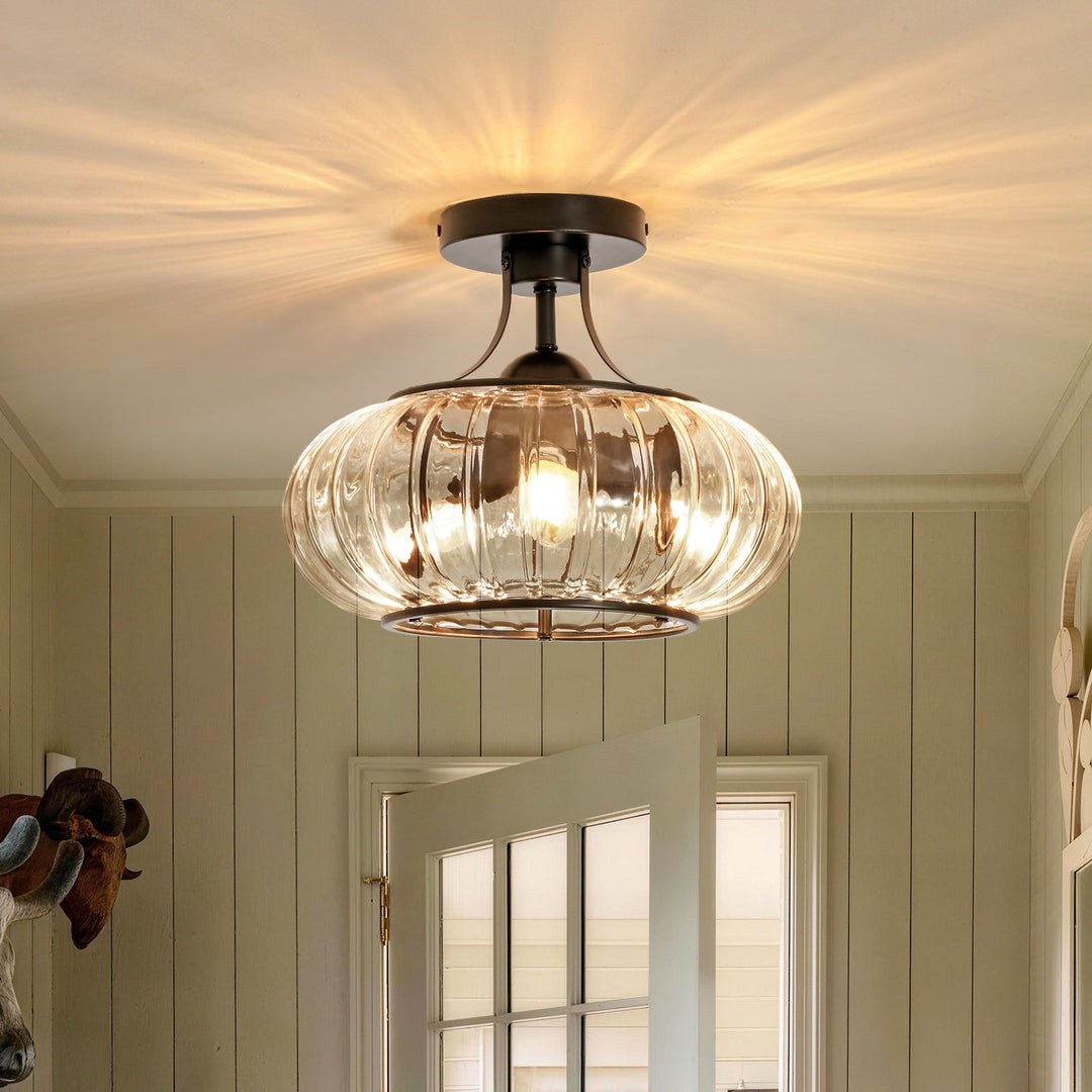 Pendantlightie-Farmhouse 3-Light Ribbed Pattern Round Glass Drum Semi Ceiling Light-Semi Flush Mount-Black-