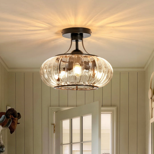 Pendantlightie-Farmhouse 3-Light Ribbed Pattern Round Glass Drum Semi Ceiling Light-Semi Flush Mount-Black-