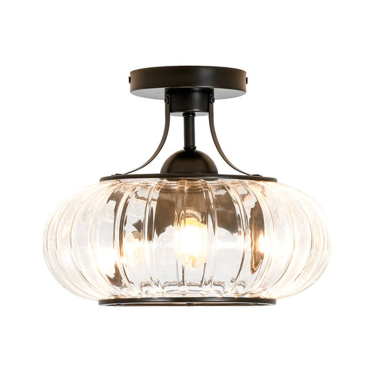 Pendantlightie-Farmhouse 3-Light Ribbed Pattern Round Glass Drum Semi Ceiling Light-Semi Flush Mount-Black-