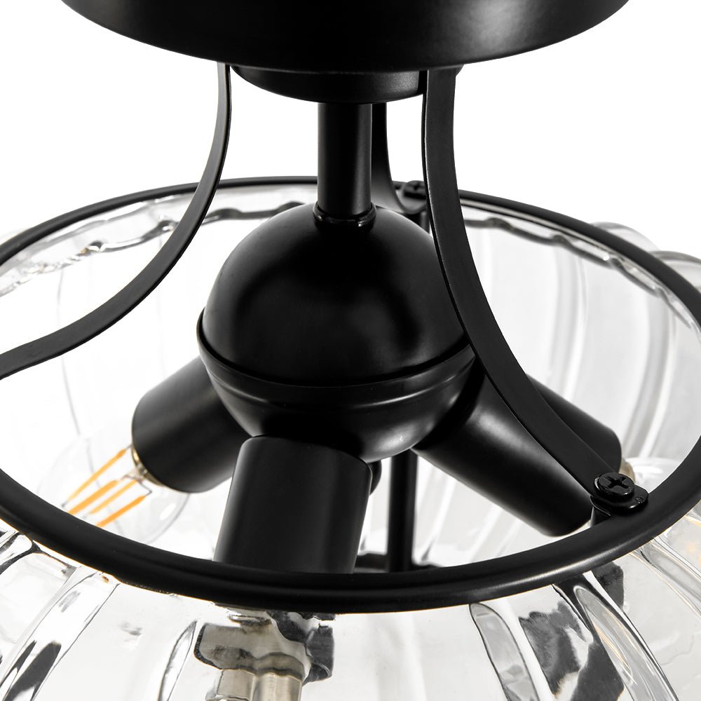 Pendantlightie-Farmhouse 3-Light Ribbed Pattern Round Glass Drum Semi Ceiling Light-Semi Flush Mount-Black-