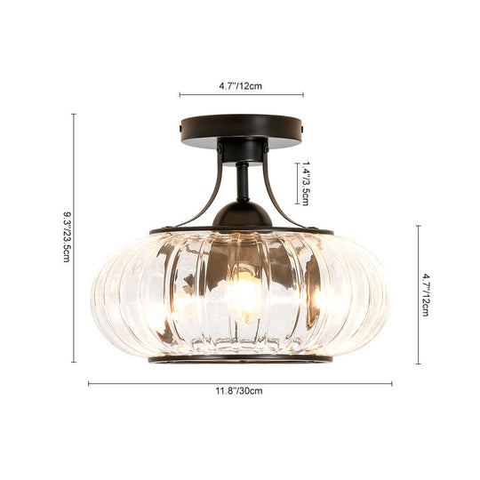 Pendantlightie-Farmhouse 3-Light Ribbed Pattern Round Glass Drum Semi Ceiling Light-Semi Flush Mount-Black-