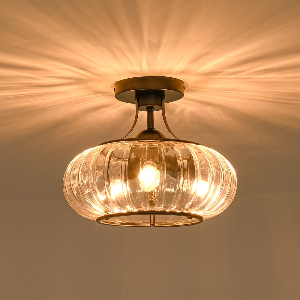 Pendantlightie-Farmhouse 3-Light Ribbed Pattern Round Glass Drum Semi Ceiling Light-Semi Flush Mount-Black-