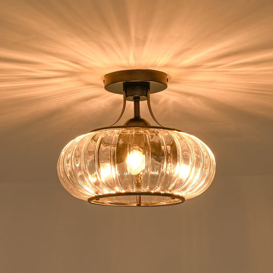 Pendantlightie-Farmhouse 3-Light Ribbed Pattern Round Glass Drum Semi Ceiling Light-Semi Flush Mount-Black-