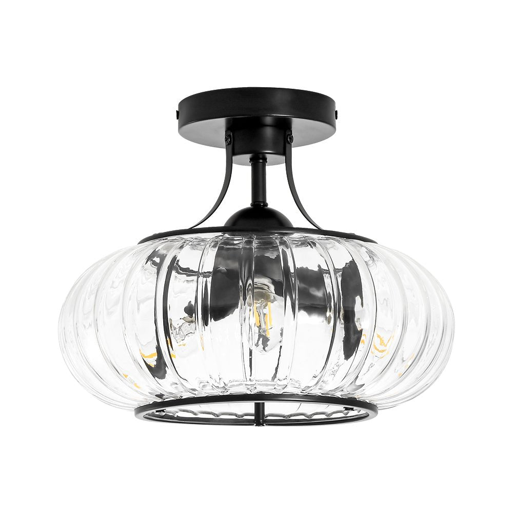 Pendantlightie-Farmhouse 3-Light Ribbed Pattern Round Glass Drum Semi Ceiling Light-Semi Flush Mount-Black-