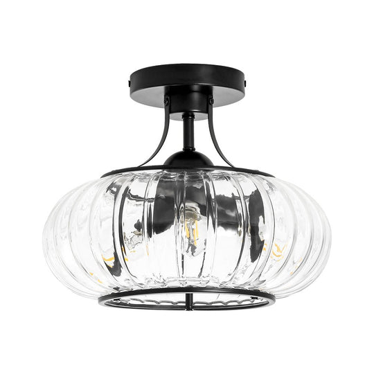 Pendantlightie-Farmhouse 3-Light Ribbed Pattern Round Glass Drum Semi Ceiling Light-Semi Flush Mount-Black-