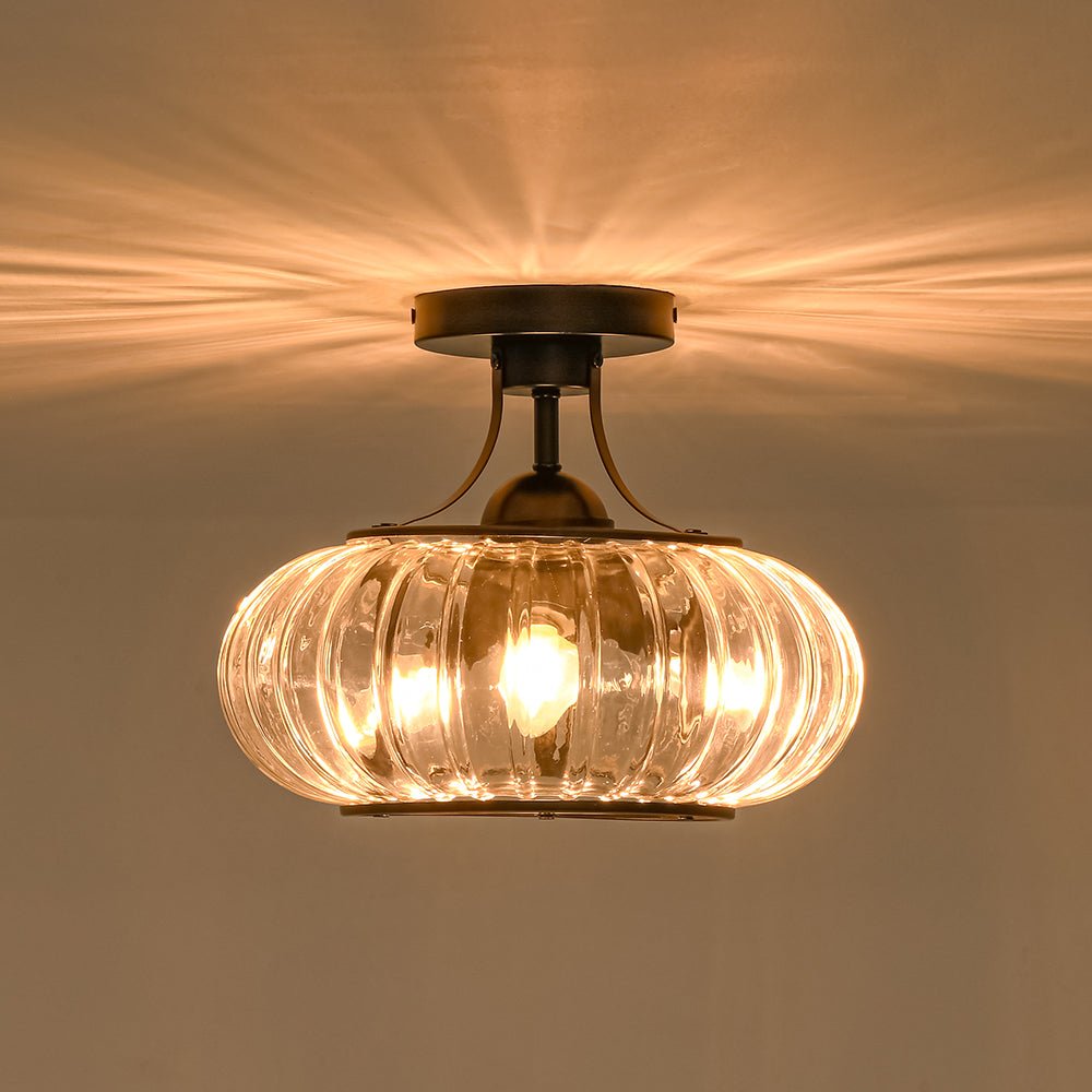 Pendantlightie-Farmhouse 3-Light Ribbed Pattern Round Glass Drum Semi Ceiling Light-Semi Flush Mount-Black-