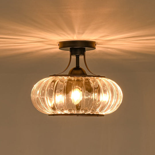 Pendantlightie-Farmhouse 3-Light Ribbed Pattern Round Glass Drum Semi Ceiling Light-Semi Flush Mount-Black-