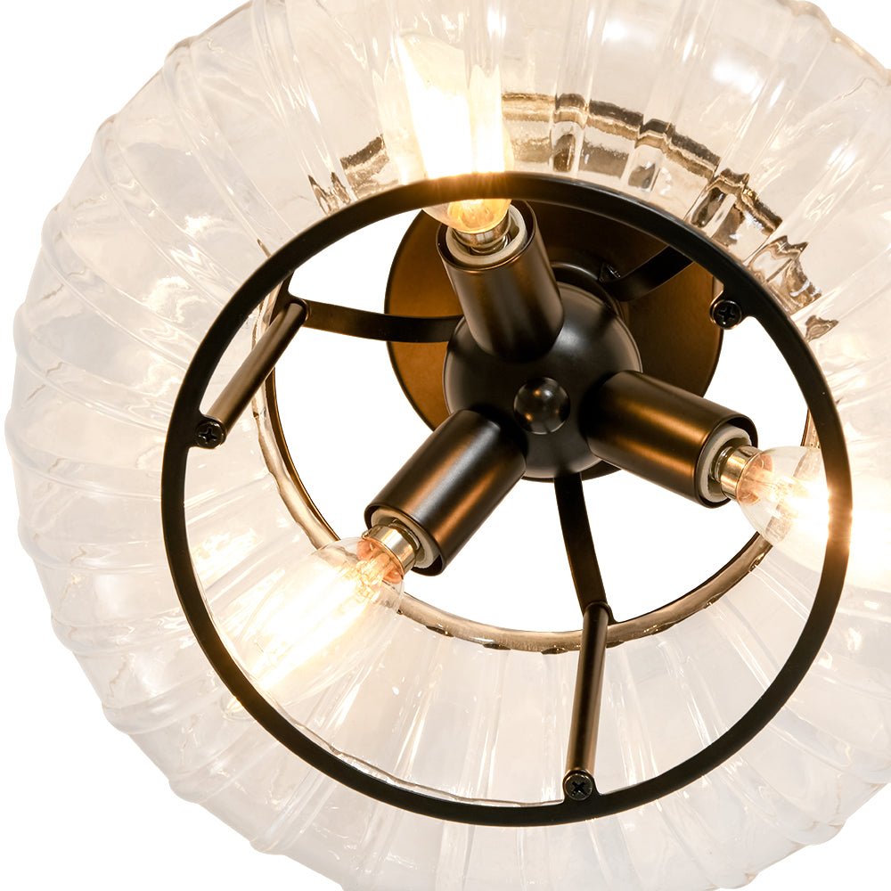 Pendantlightie-Farmhouse 3-Light Ribbed Pattern Round Glass Drum Semi Ceiling Light-Semi Flush Mount-Black-