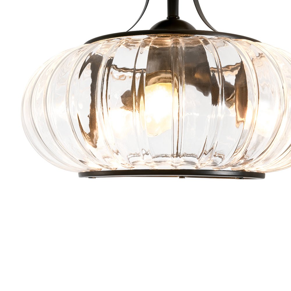 Pendantlightie-Farmhouse 3-Light Ribbed Pattern Round Glass Drum Semi Ceiling Light-Semi Flush Mount-Black-