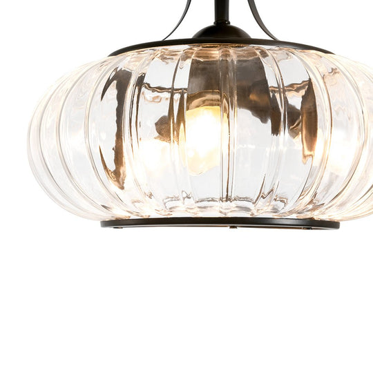 Pendantlightie-Farmhouse 3-Light Ribbed Pattern Round Glass Drum Semi Ceiling Light-Semi Flush Mount-Black-