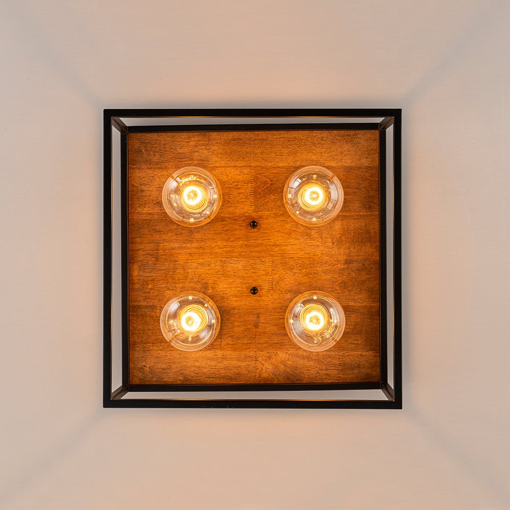 Pendantlightie - Farmhouse 4 - Light Cage Square Flush Ceiling Light With Wood Accents - Flush Mount - Black - 