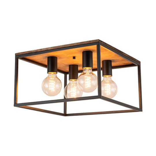 Pendantlightie - Farmhouse 4 - Light Cage Square Flush Ceiling Light With Wood Accents - Flush Mount - Black - 