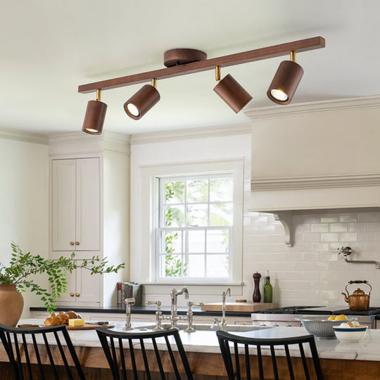Pendantlightie-Farmhouse 4-Light Linear Wooden Track Ceiling Lighting Rotable Heads-Semi Flush Mount-Walnut-
