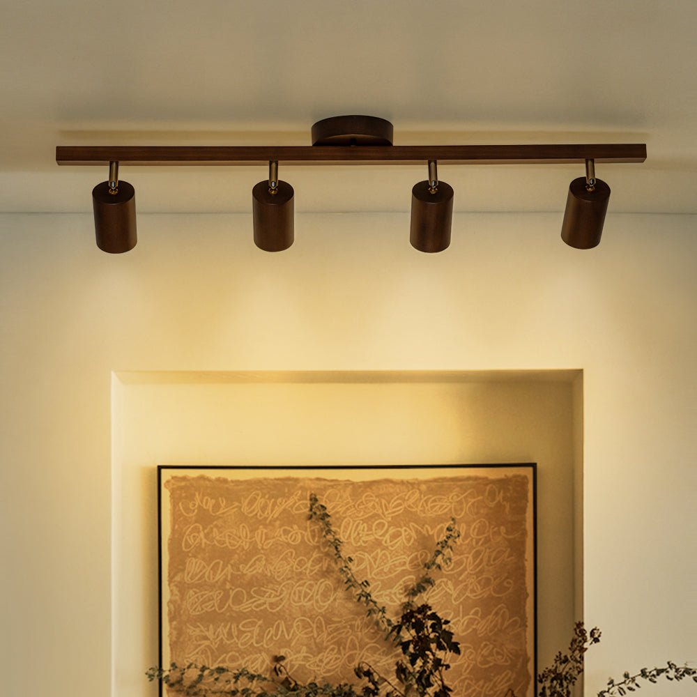 Pendantlightie-Farmhouse 4-Light Linear Wooden Track Ceiling Lighting Rotable Heads-Semi Flush Mount-Walnut-
