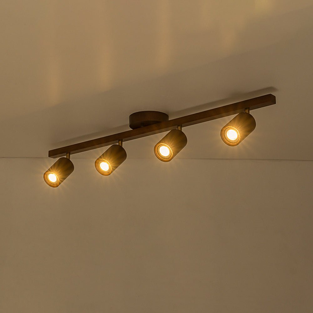 Pendantlightie-Farmhouse 4-Light Linear Wooden Track Ceiling Lighting Rotable Heads-Semi Flush Mount-Walnut-